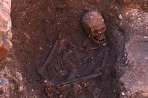 photo of human skeleton in dirt
