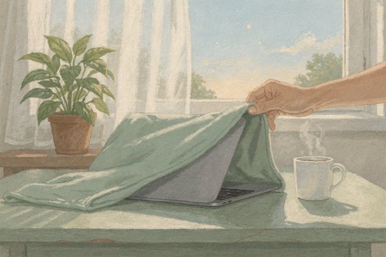 A hand uncovering a dusty laptop on a sunlit desk beside a fresh cup of coffee