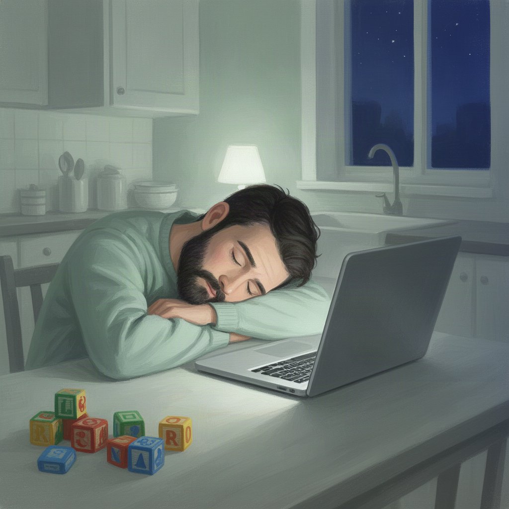 A tired father asleep at a kitchen table beside an open laptop and scattered toy blocks