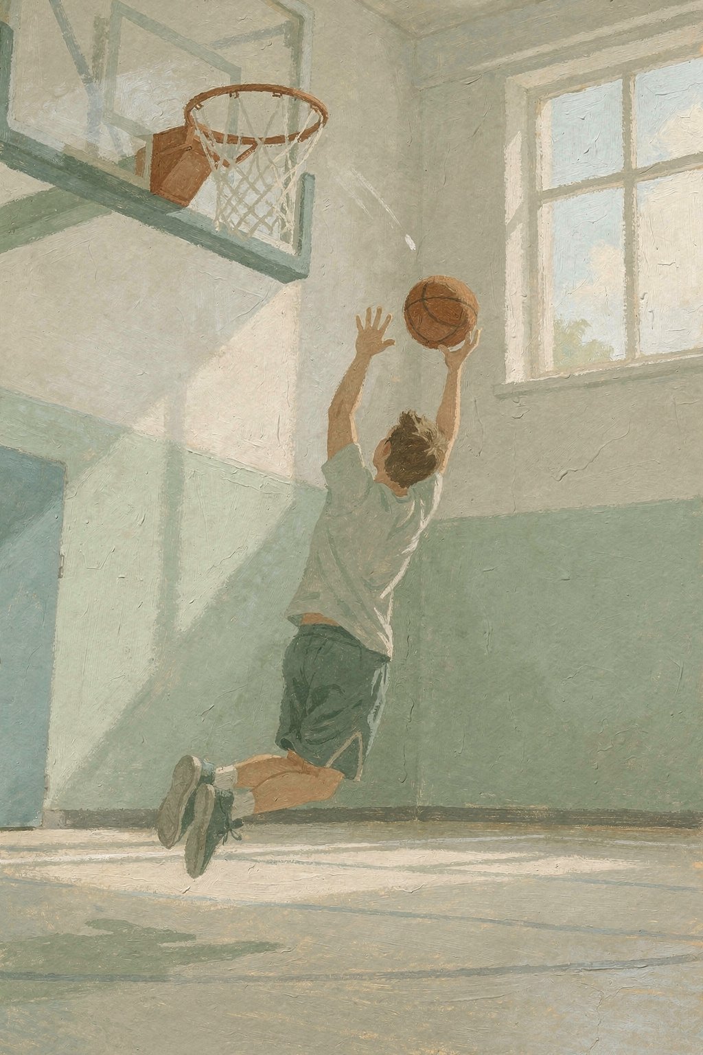 A man taking a shot alone in an empty gymnasium