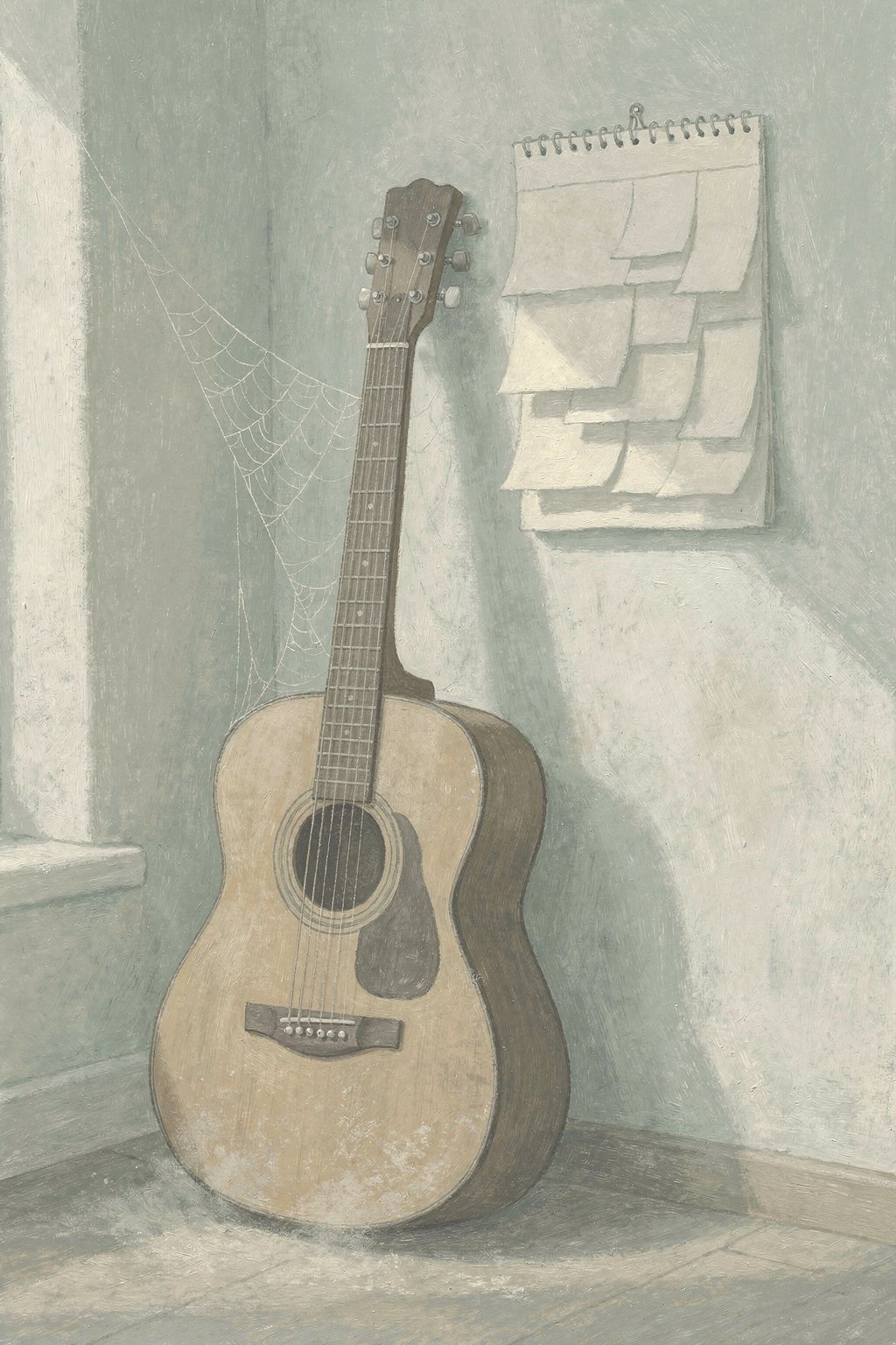 A dusty guitar leaning in a corner beside a calendar with many pages turned