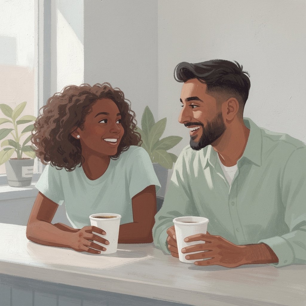 Two friends laughing over simple cups of coffee at a café counter